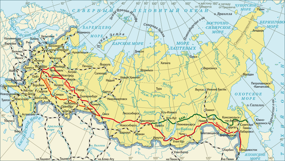 Карта России с железными дорогами и городами